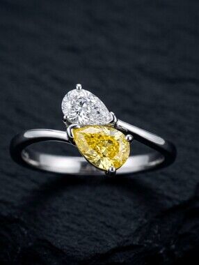 Unique Canary Yellow & White Pear Sterling Silver Ring size 7 NEW